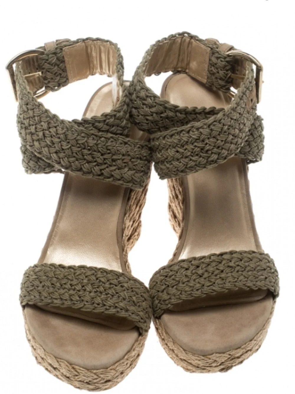 Stuart Weitzman Khaki Crochet Alex Ankle Halter Wrap Espadrille Wedge Sandals